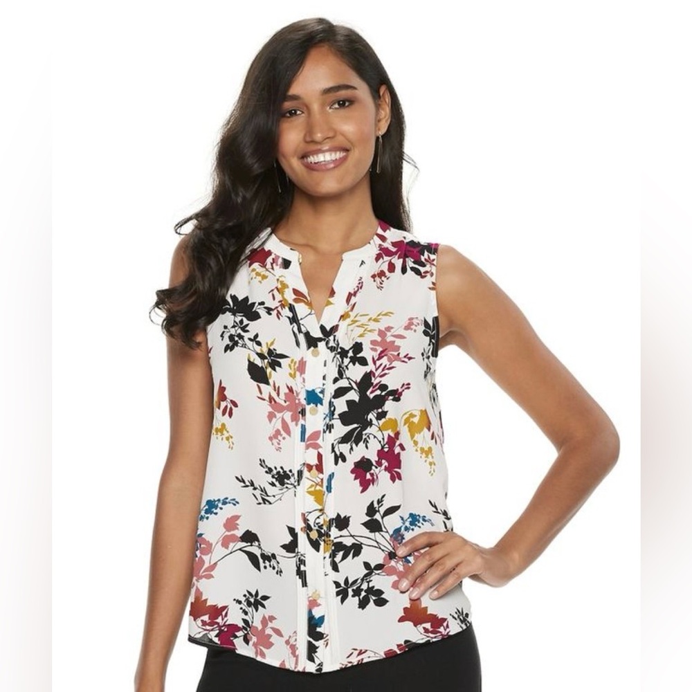 Apt. 9 White Sleeveless Floral Split-Neck Button Up Blouse w/ Gold Button Detail